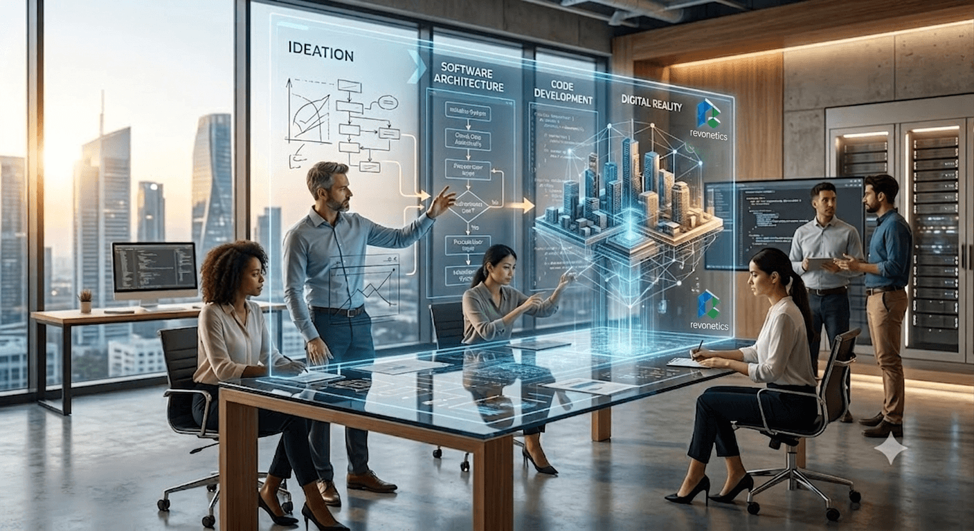 Revonetics team collaborating around a holographic product roadmap, from ideation to digital reality